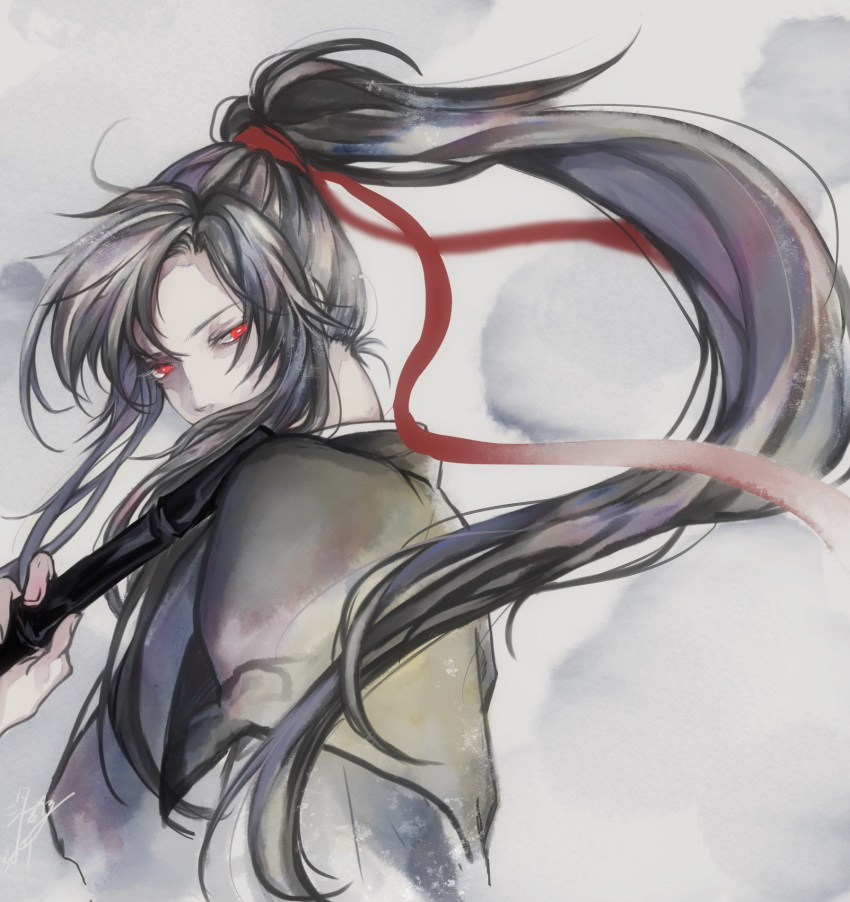 1boy, androgynous, artist_name, bishounen, black_hair, black_hanfu, chenqing_flute, chinese_clothes