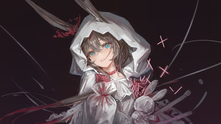 1girl, absurdres, amiya_(arknights), amiya_(medic)_(arknights), amiya_(medic)_(the_unbounded_folio)_(arknights), animal_ears, arknights, brown_hair, commentary, dress, ears_through_headwear, hair_between_eyes, highres, hood, hood_up, karenncat, long_hair, official_alternate_costume, parted_lips, rabbit_ears, rabbit_girl, solo, white_dress