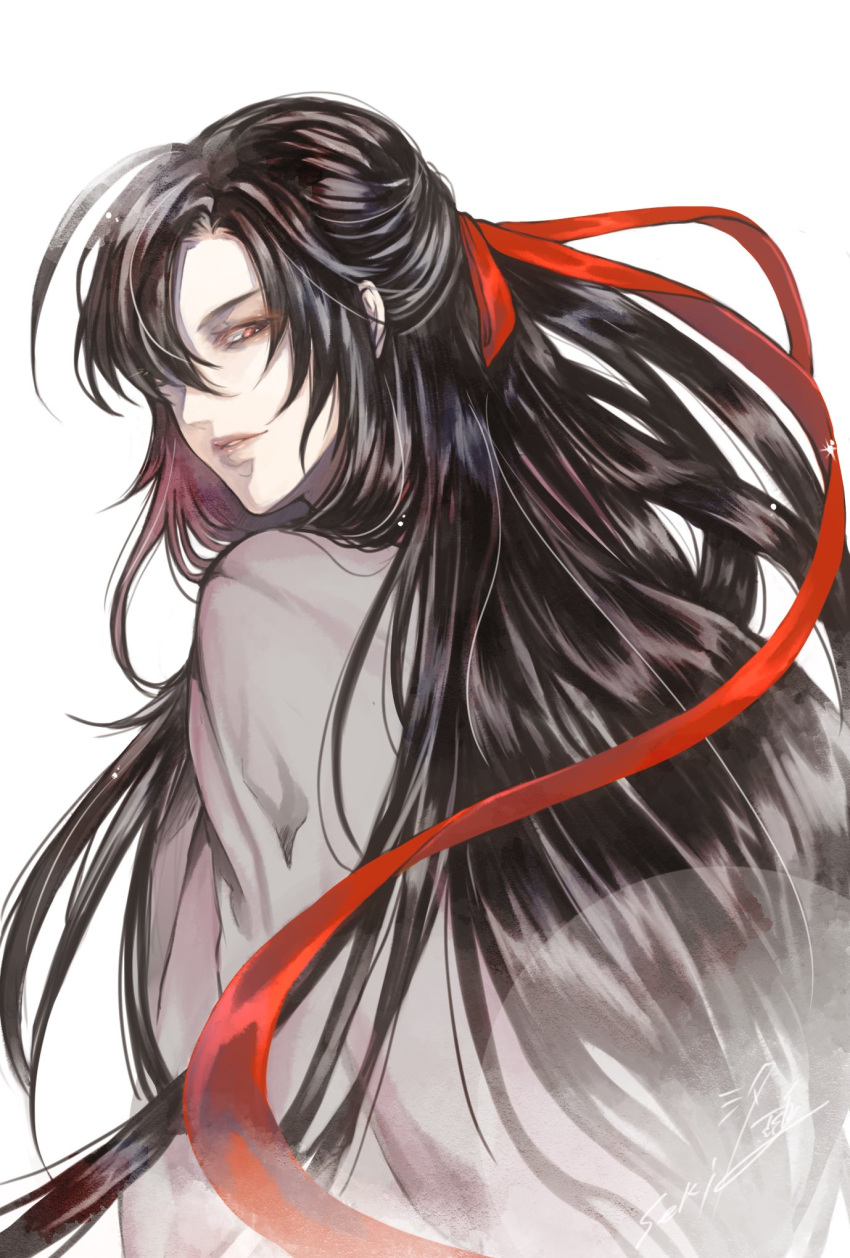 1boy, artist_name, bishounen, black_hair, chinese_clothes, coat, from_behind, grandmaster_of_demonic_cultivation