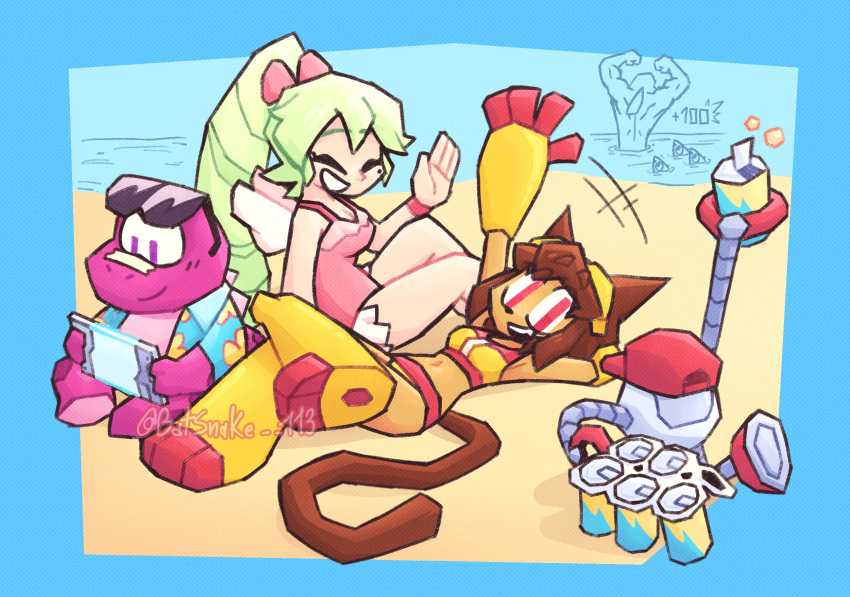 2girls, 3boys, animal_ears, backwards_hat, batsnake_113, beach, blue_jacket, breasts