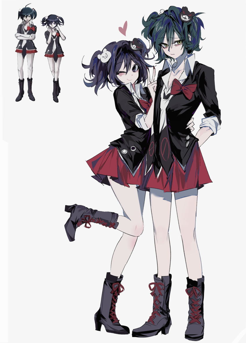 2boys, absurdres, black_boots, black_shirt, boots, bow, collarbone, commentary