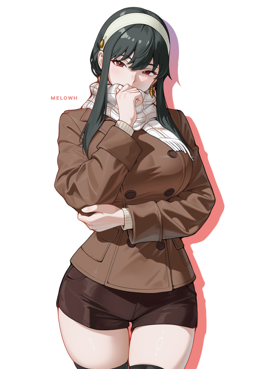 1girl, absurdres, artist_name, black_hair, black_shorts, brown_jacket, buttons, commentary