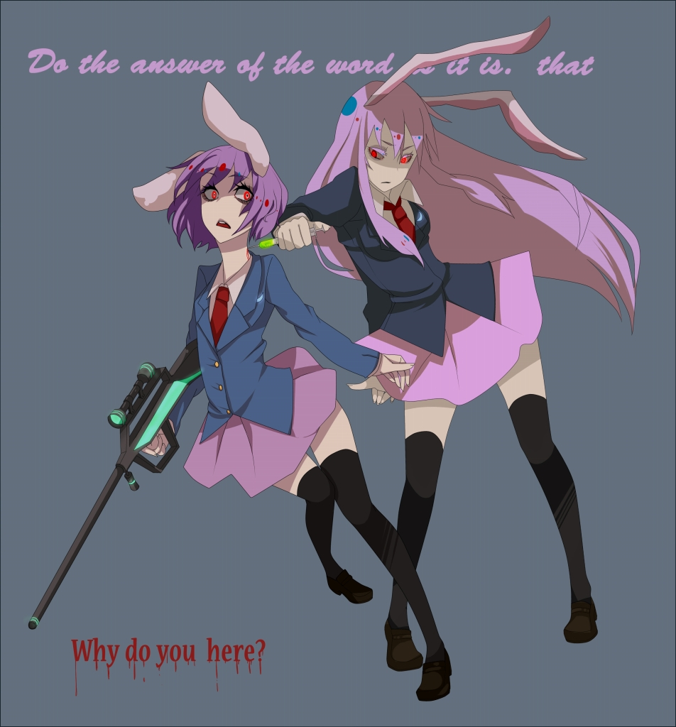 2girls, animal_ears, artist_request, bifrst, black_legwear, blood, bunny, bunny_ears, crazy_eyes, drugs, engrish, gun, koishi_adventure, lavender_hair, long_hair, miniskirt, multiple_girls, necktie, needle, open_mouth, rabbit, ranguage, red_eyes, reisen, reisen_udongein_inaba, rifle, shoes, short_hair, skirt, spoilers, surprised, syringe, thigh-highs, thighhighs, time_warp_rifle, touhou, very_long_hair, weapon