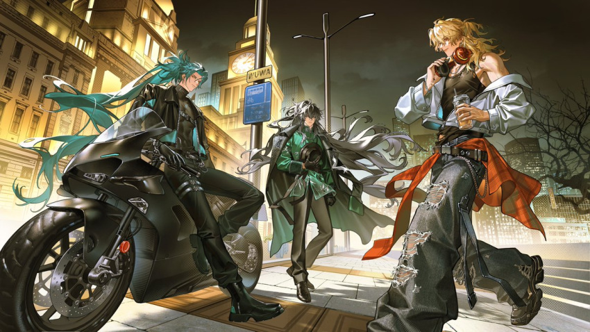 3boys, alternate_costume, black_hair, black_hat, black_jacket, black_pants, black_shirt, black_shoes