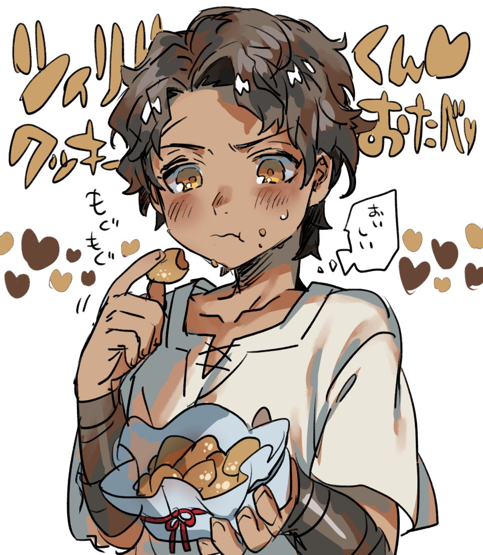 1boy, brown_eyes, brown_hair, closed_mouth, commentary_request, cyril_(fire_emblem), dark-skinned_male, dark_skin