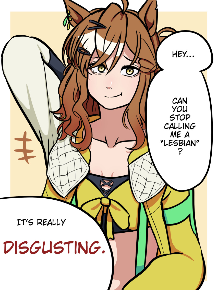 animal_ears, brown_hair, collarbone, commentary, cut_ear, ear_ornament, ear_piercing, english_commentary