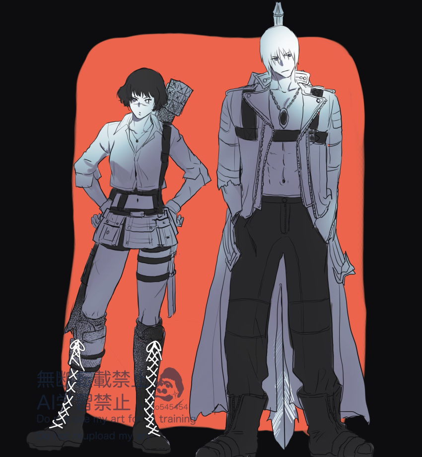 1boy, 1girl, belt_bra, coat, commentary_request, dante_(devil_may_cry), devil_may_cry_(series), devil_may_cry_3
