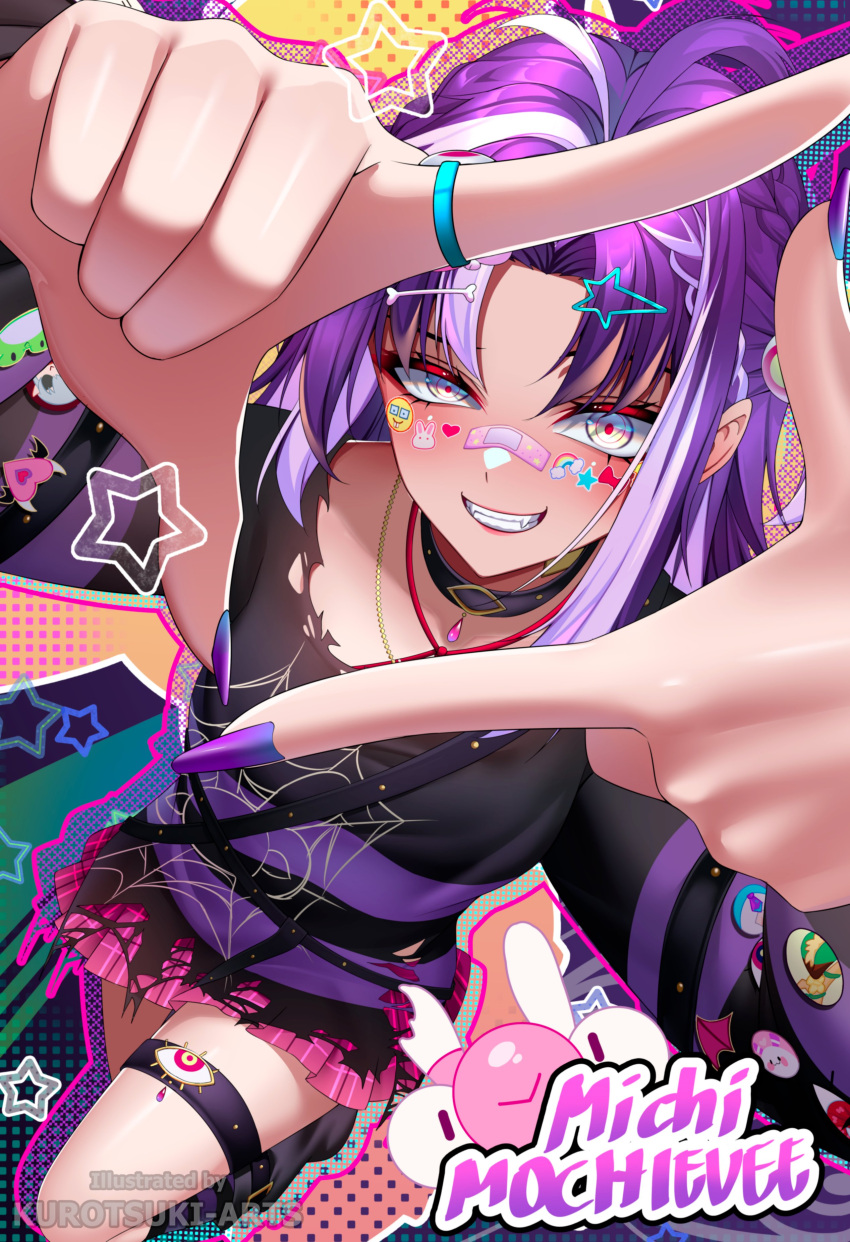 1girl, absurdres, bandaid, bandaid_on_face, bandaid_on_nose, black_shirt, bone_hair_ornament, commentary, eyeball_hair_ornament, fangs, grin, hair_ornament, highres, indie_virtual_youtuber, kurotsuki_arts, looking_at_viewer, michi_mochievee, michi_mochievee_(teen), multicolored_hair, patchwork_skin, pink_skirt, purple_hair, purple_nails, purple_shirt, red_pupils, ringed_eyes, shirt, skirt, smile, solo, star_(symbol), star_hair_ornament, stitched_face, stitches, striped_clothes, striped_shirt, thigh_strap, torn_clothes, torn_shirt, untranslatable_commentary, virtual_youtuber, white_hair, yellow_eyes