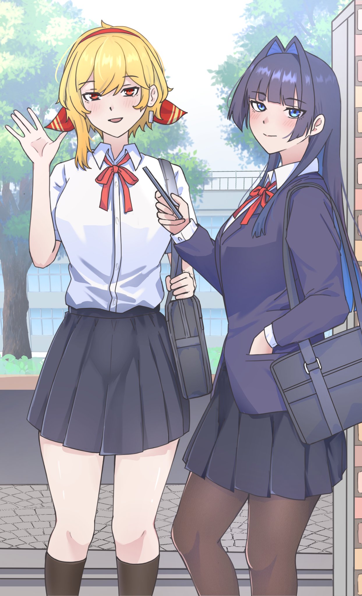 2girls, bag, black_skirt, black_socks, blazer, blonde_hair, blue_eyes, blue_hair