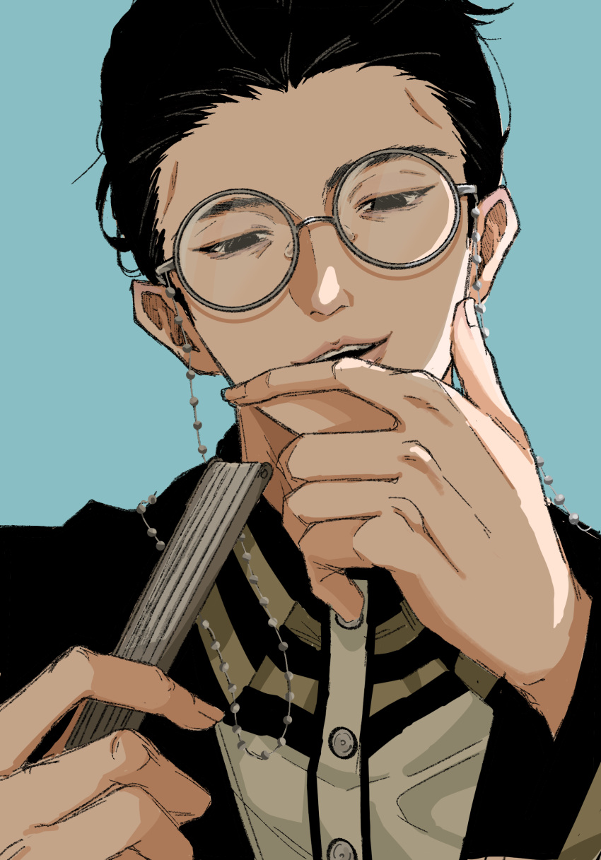 1boy, black_eyes, black_hair, blue_background, buttons, commentary_request, eyewear_strap, glasses