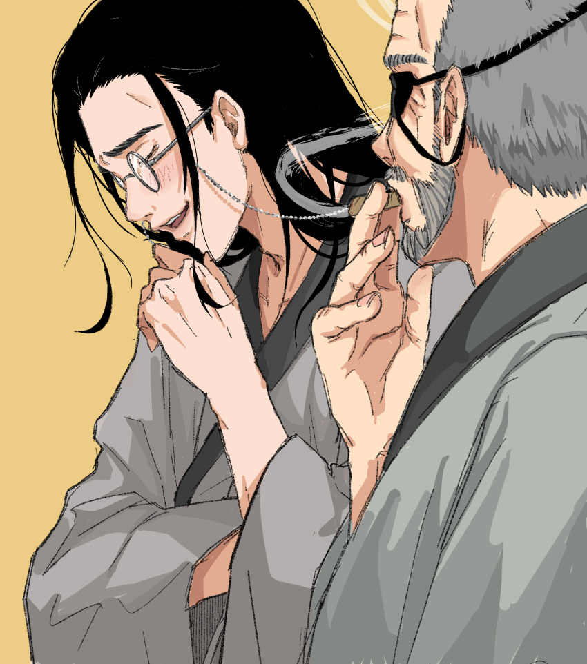 2boys, beard, black_hair, cigar, closed_eyes, commentary_request, eyepatch, eyewear_strap, facial_hair, glasses, grey_hair, highres, holding, holding_cigar, japanese_clothes, kaku_yasuaki, kimono, kuru_8080, looking_at_another, male_focus, multiple_boys, nippon_sangoku, profile, round_eyewear, ryumon_mitsuhide, smile, smoking, upper_body, wide_sleeves, yellow_background