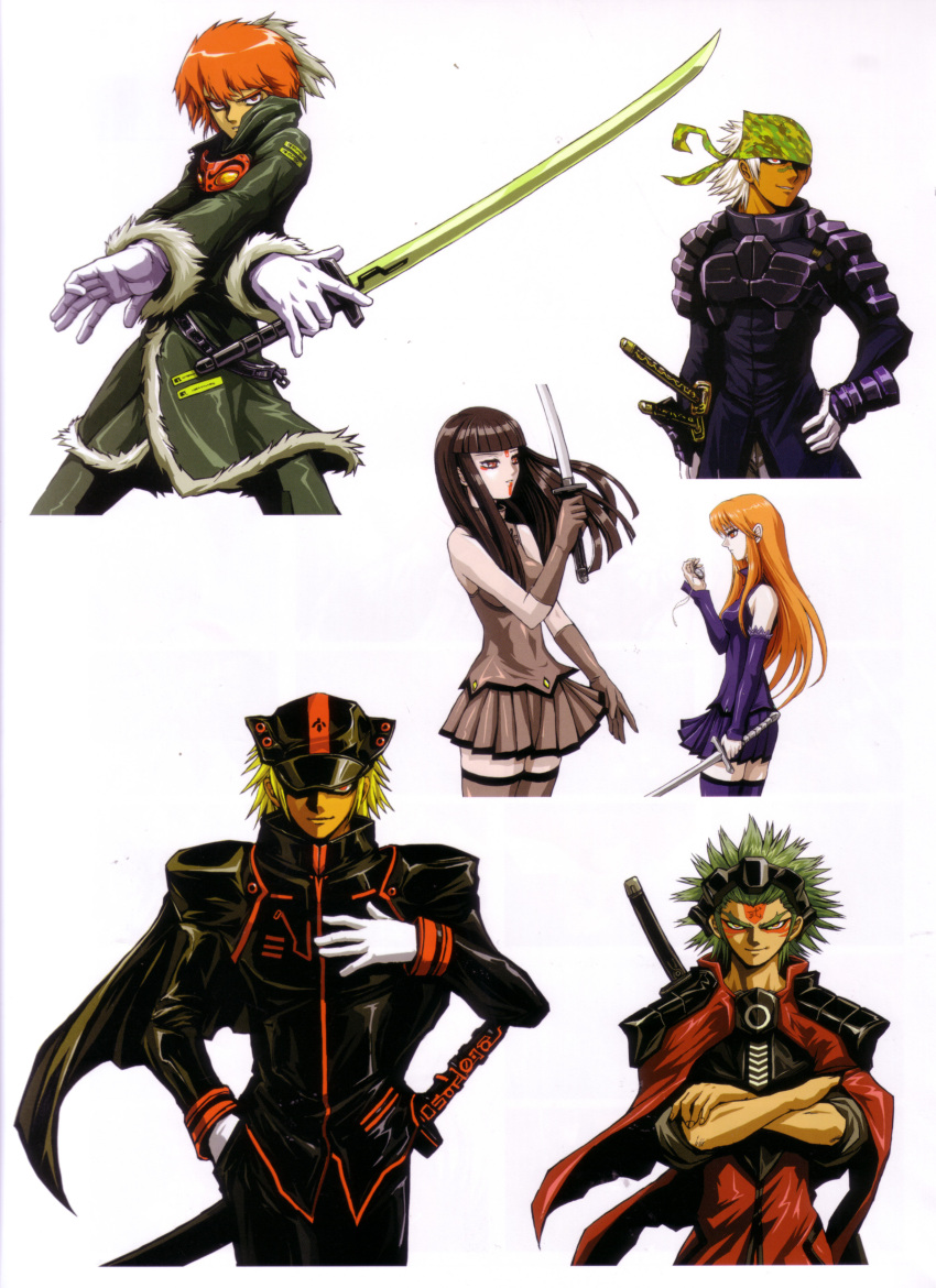 2girls, 4boys, absurdres, armor, artbook, beatmania_iidx, bemani, black_hair, blonde_hair, blue_shirt, blue_skirt, blue_thighhighs, blunt_bangs, breasts, camouflage_bandana, coat, dark-skinned_male, dark_skin, daruma_(beatmania), detached_sleeves, duel_(beatmania), elbow_gloves, facial_mark, gloves, goli_matsumoto, green_coat, green_hair, grey_gloves, grey_shirt, grey_skirt, grey_thighhighs, hand_on_own_hip, hat, highres, hinazuki_ririna, holding, holding_sword, holding_weapon, katana, long_hair, looking_at_viewer, mask, medium_breasts, multiple_boys, multiple_girls, nix_(beatmania), official_alternate_costume, official_alternate_hair_color, official_art, orange_hair, scan, shiki_(beatmania), shirt, short_hair, simple_background, skirt, sleeveless, sleeveless_shirt, spiky_hair, sword, thigh-highs, third-party_source, umegiri_iroha, unworn_mask, weapon, white_background, white_gloves, white_hair