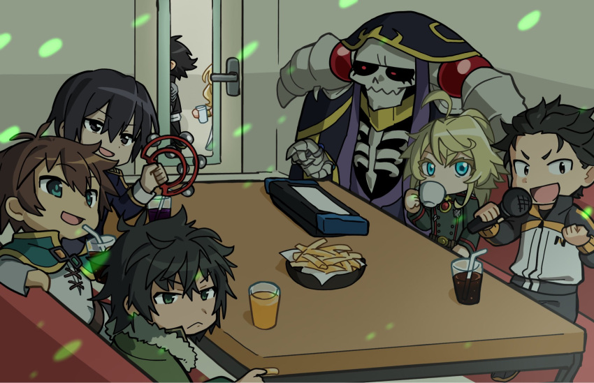 1other, 2girls, 5boys, 8_humi, :<, :d, ahoge, ainz_ooal_gown