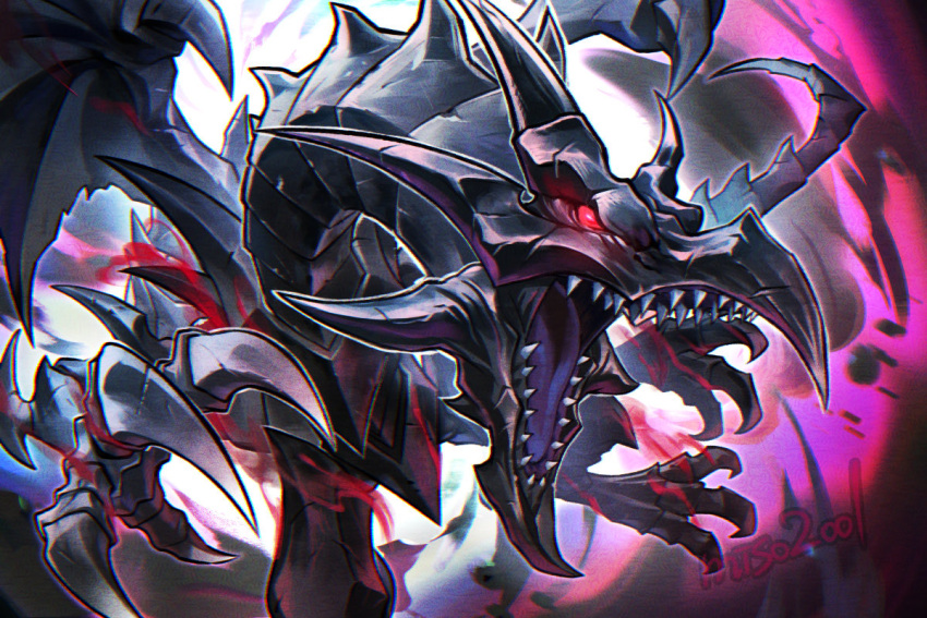 black_wings, commentary_request, dragon, duel_monster, miso2oo1, no_humans, red-eyes_black_dragon, red_eyes