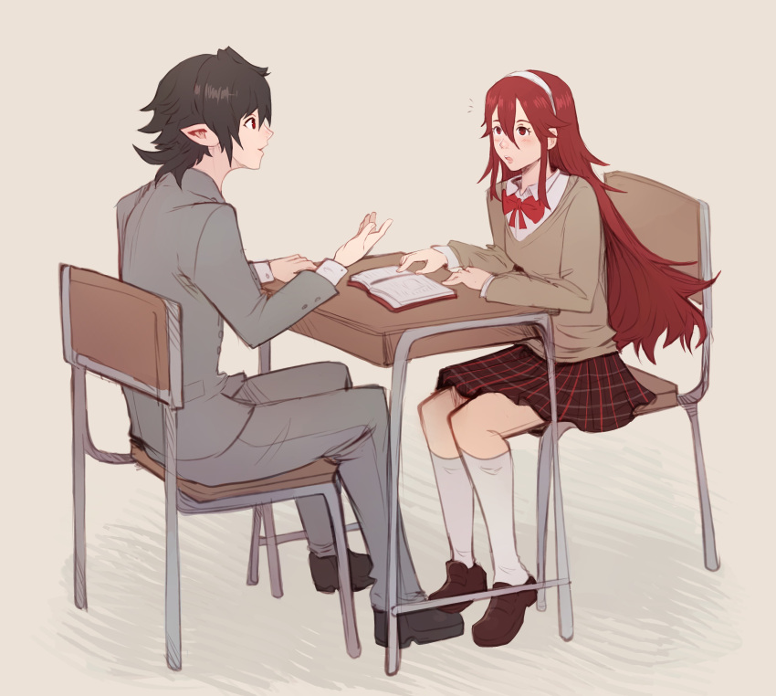 1boy, 1girl, absurdres, alternate_costume, breasts, brown_background, caeldori_(fire_emblem), commentary