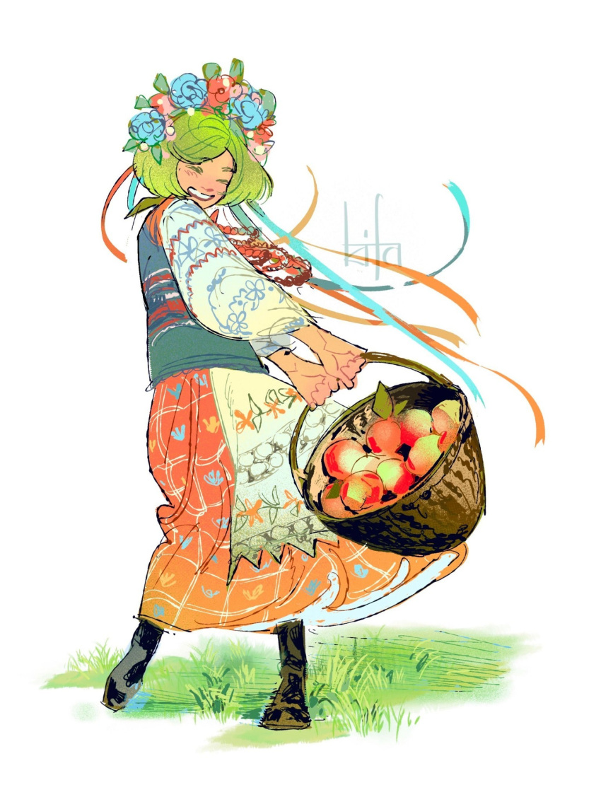 1girl, alt_text, basket, closed_eyes, coco_(tongari_boushi_no_atelier), english_commentary, food, fruit, grass, green_hair, highres, kurdupl, long_sleeves, outdoors, peach, smile, solo, tongari_boushi_no_atelier, ukrainian_clothes, white_background