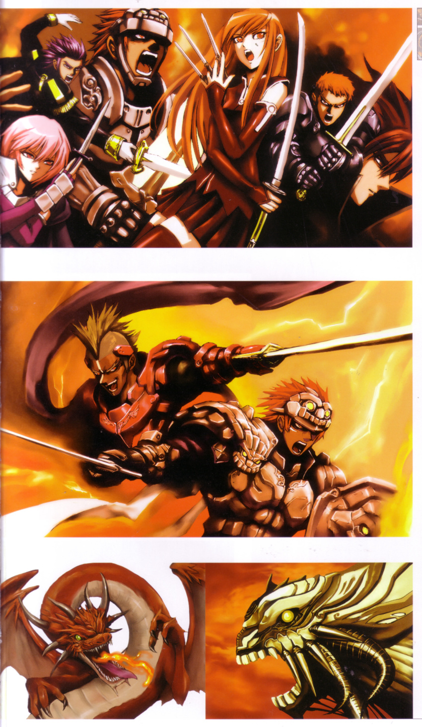 2girls, 6+boys, absurdres, armor, artbook, asymmetrical_dual_wielding, beatmania_iidx, bemani