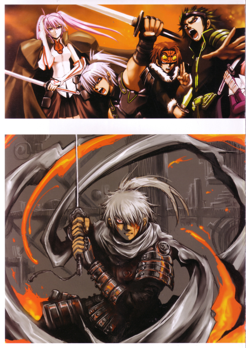 1girl, 4boys, absurdres, armor, artbook, beatmania_iidx, bemani, blood