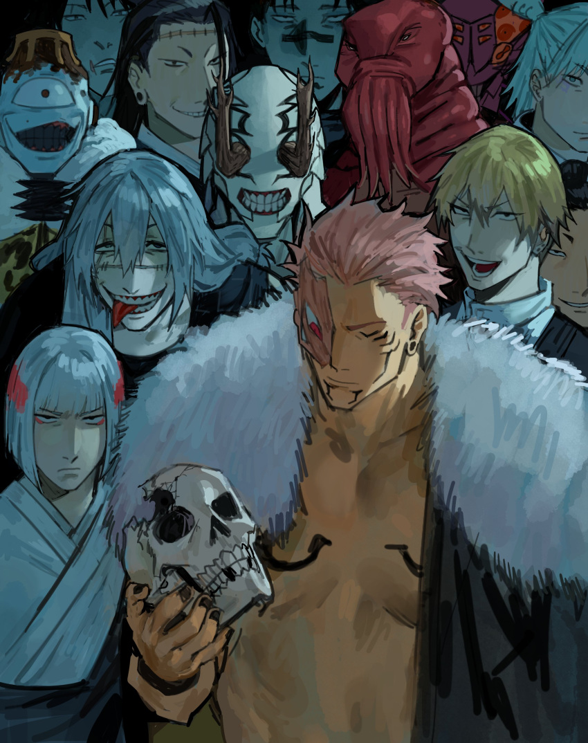 6+boys, absurdres, black_hair, blonde_hair, blue_hair, broken_skull, character_request, choso_(jujutsu_kaisen)