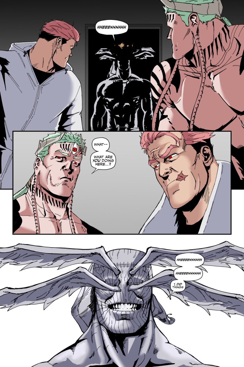 3boys, arm_tattoo, closed_mouth, comic_panel_redraw, commentary, derivative_work, english_commentary, english_text