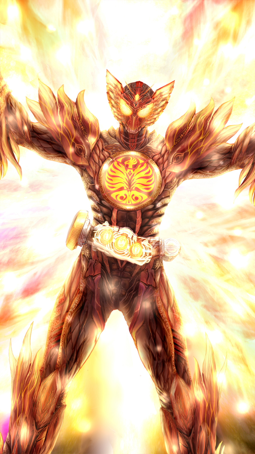 baunzel, belt, fire, glowing, glowing_eyes, highres, kamen_rider, kamen_rider_ooo