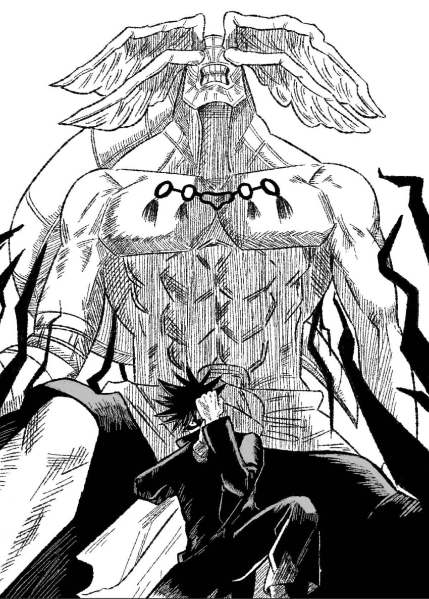 1boy, 1other, bidullgi, clenched_teeth, commentary_request, eyes_in_shadow, fushiguro_megumi, greyscale