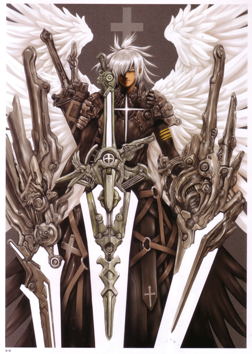 1boy, absurdres, armor, artbook, beatmania_iidx, beatmania_iidx_13_distorted, bemani, border, cross, dark-skinned_female, dark_skin, goli_matsumoto, grey_hair, grey_theme, highres, looking_at_viewer, male_focus, medium_hair, official_alternate_costume, official_art, painterly, ponytail, scan, shilow, solo, sword, third-party_source, weapon, white_border