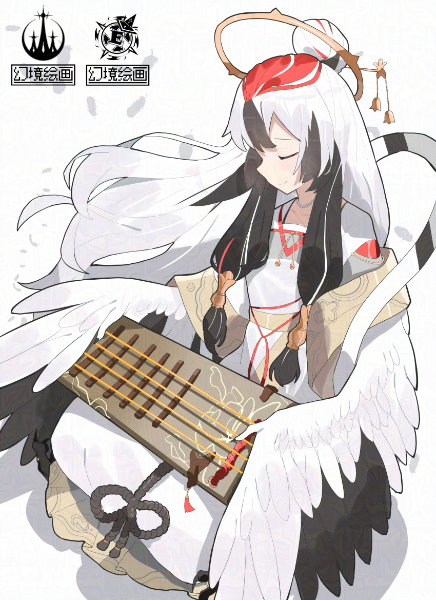 1girl, absurdres, black_hair, black_wings, chinese_clothes, clover_theater, commentary_request, dress