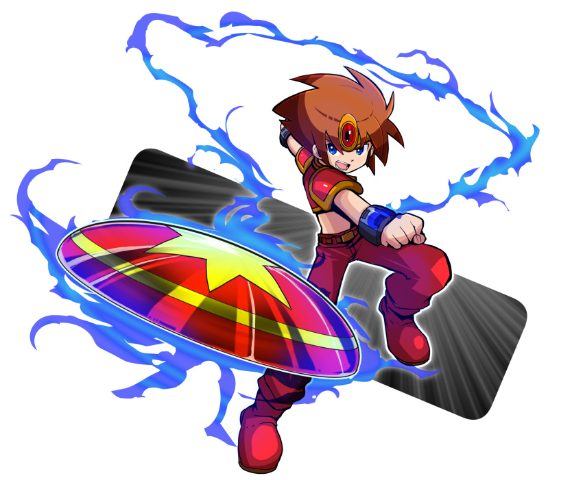 1boy, argos_no_senshi, armor, aura, belt, belt_buckle, blue_eyes, boots, bracer, brown_belt, brown_hair, buckle, commentary_request, crop_top, diskarmor_(argos_no_senshi), full_body, headpiece, highres, looking_at_viewer, male_focus, midriff, open_mouth, pants, pauldrons, red_armor, red_boots, red_pants, red_shirt, sakurajyousui_nami, shield, shirt, short_hair, shoulder_armor, solo, throwing