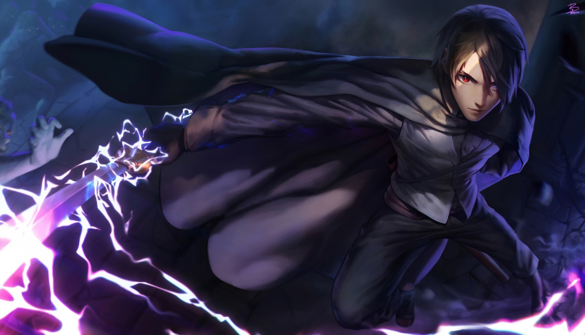 absurdres, artist_name, black_hair, boruto:_naruto_next_generations, boruto_(series), commentary, electricity, electrokinesis, english_commentary, hallibell-yin, highres, holding, holding_sword, holding_weapon, naruto_(series), rinnegan, sharingan, short_hair, sword, uchiha_sasuke, uchiha_shin, weapon