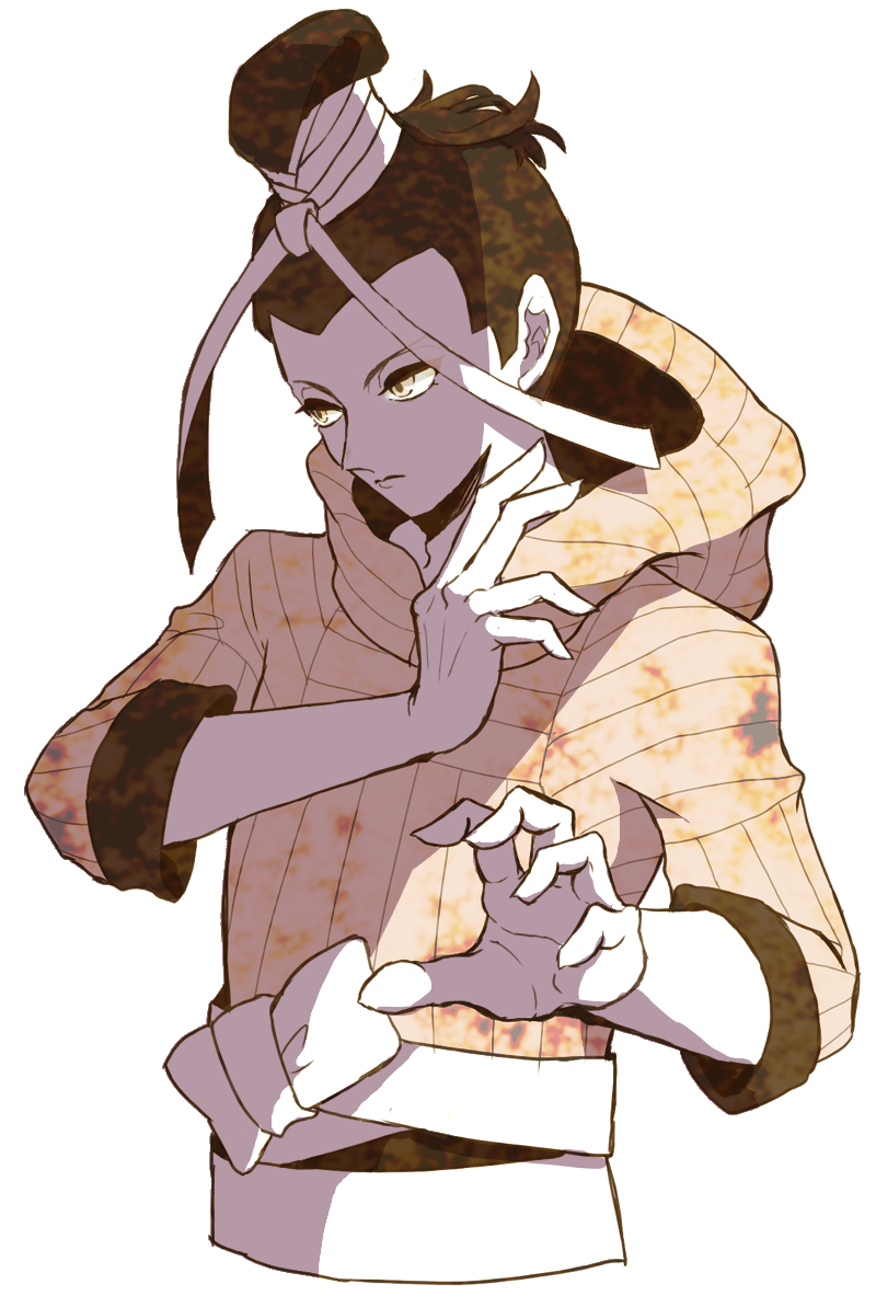 1boy, commentary_request, expressionless, futomimi_(megami_tensei), high_ponytail, male_focus, ponytail, robe
