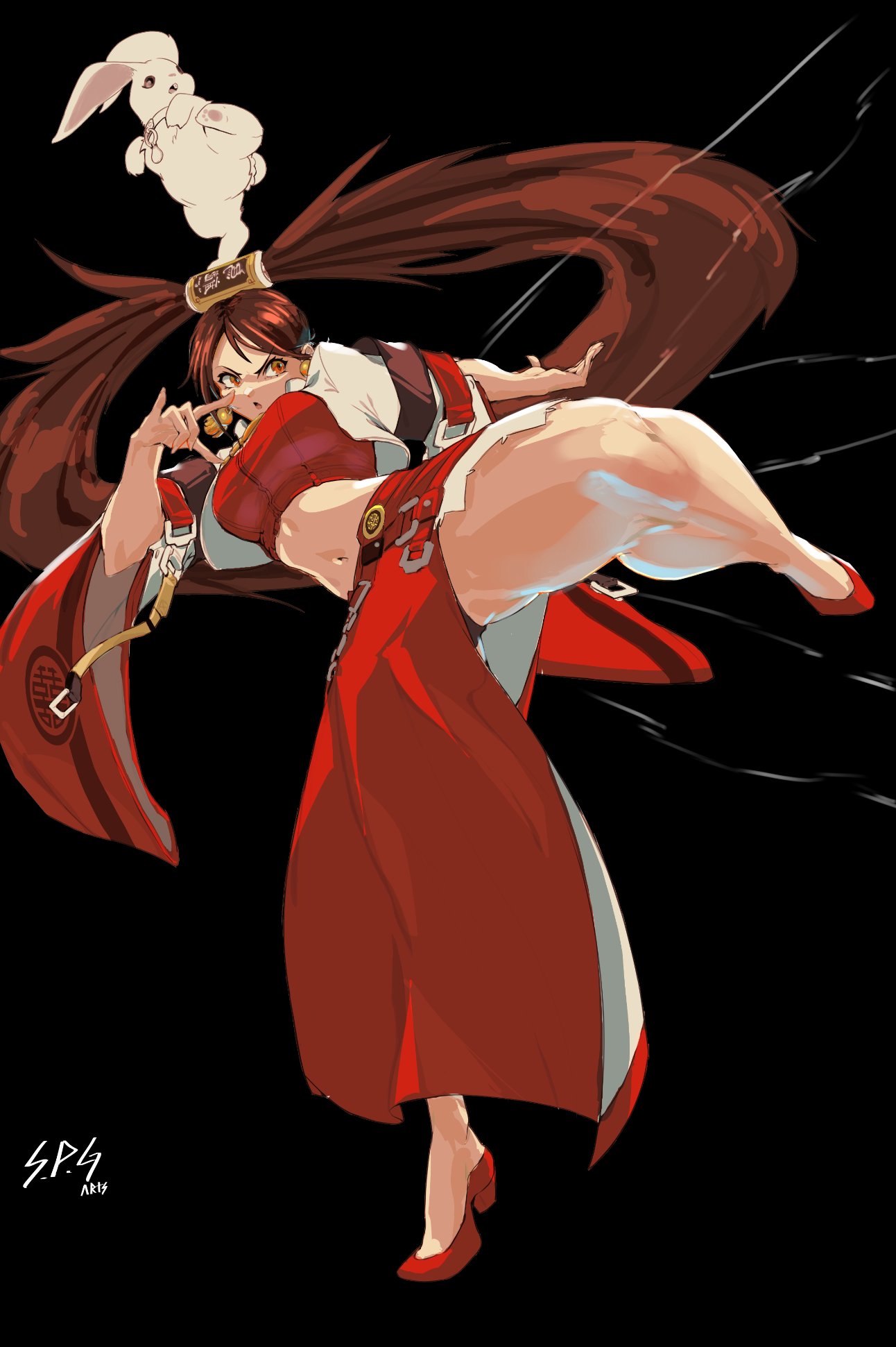 artworkspg, belly, belt, brown_hair, fighting_stance, guilty_gear, highres, jacket, kuradoberi_jam, long_hair, rabbit, red_belt, spread_legs, very_long_hair, white_jacket, yellow_eyes