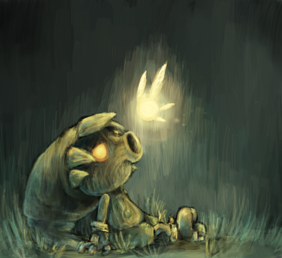 1boy, blonde_hair, deku_(zelda), deku_link, fairy, glowing, glowing_eyes, green_hat