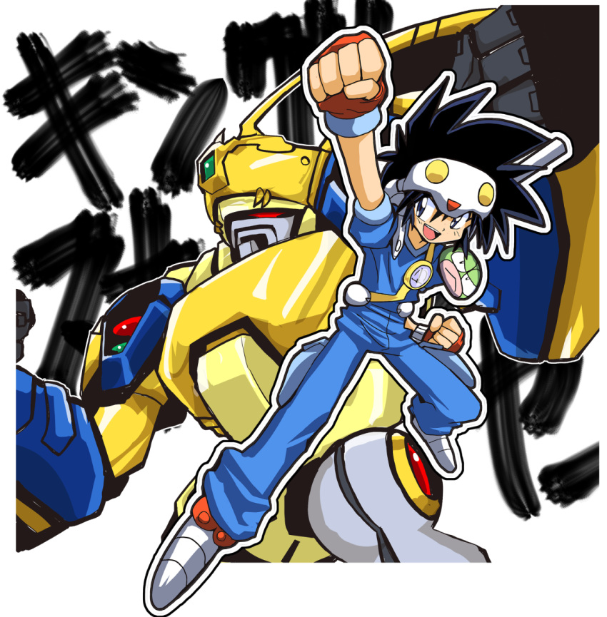 1boy, arm_up, baba_lamune, black_hair, blue_eyes, blue_pants, blue_shirt, character_name
