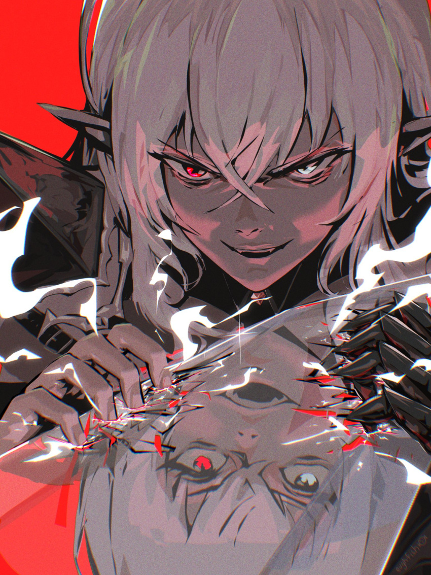 1girl, black_gauntlets, blue_eyes, clawed_gauntlets, commentary, different_reflection, english_commentary, eughfish
