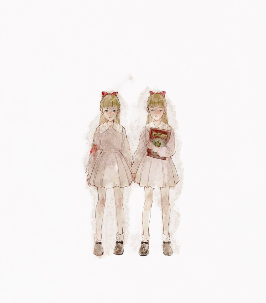 2girls, ankle_socks, anna_liebert, black_bow, blonde_hair, blood, blood_on_clothes, blue_eyes