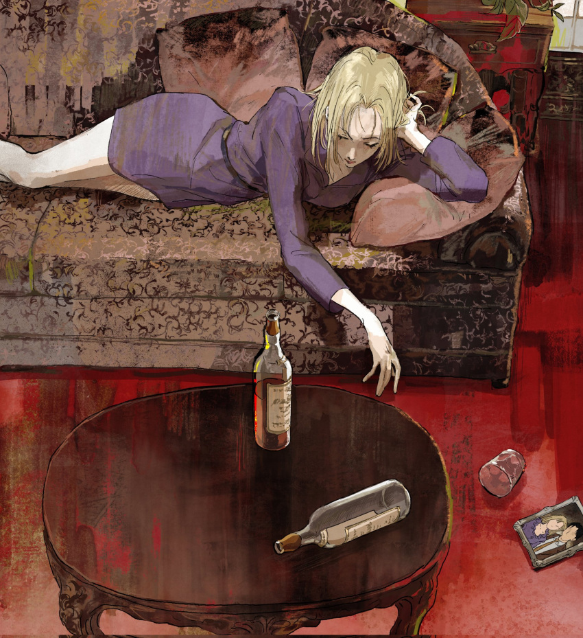 1girl, alcohol, belt, black_belt, blonde_hair, breasts, closed_eyes, closed_mouth