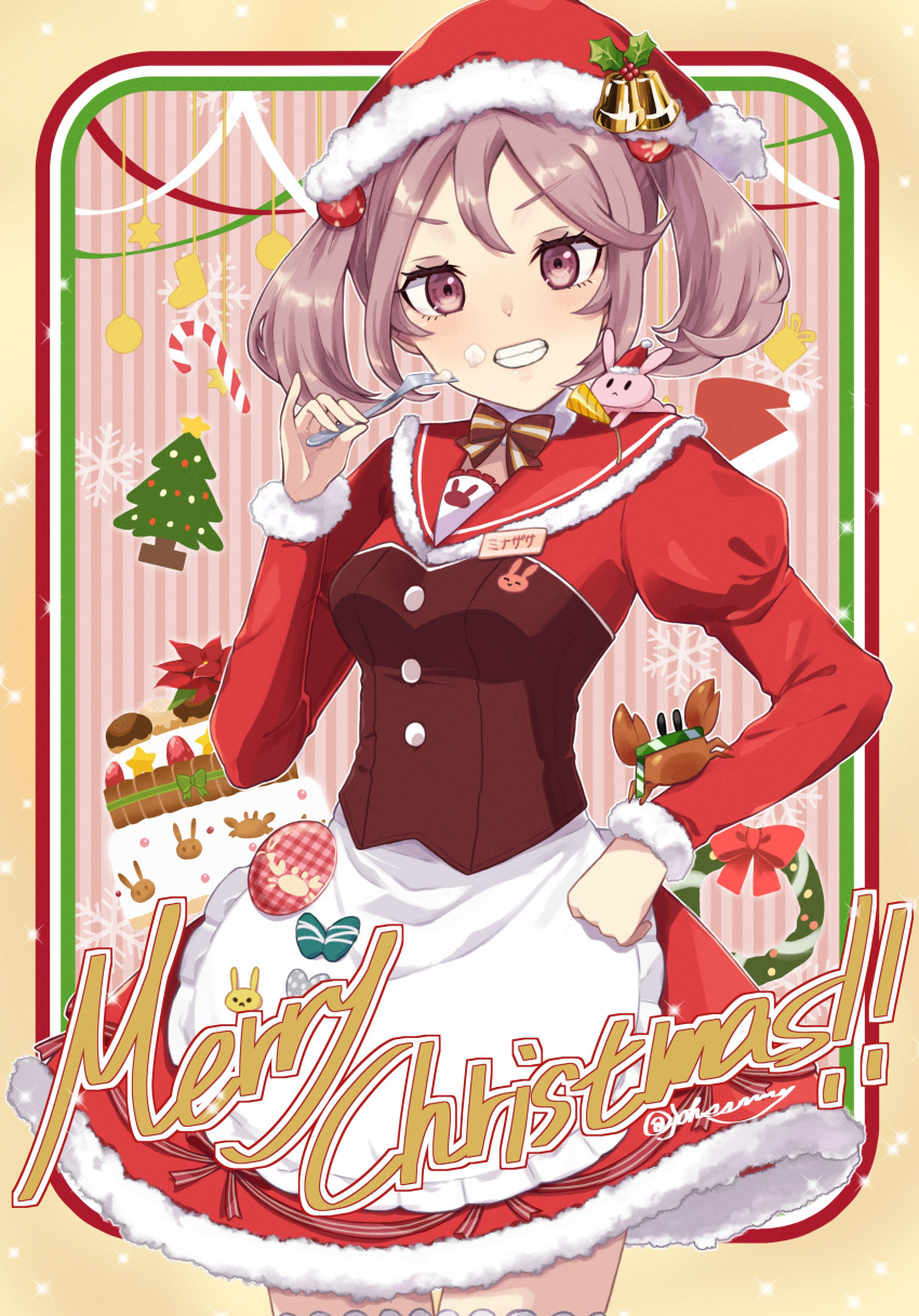1girl, absurdres, apron, bell, breasts, cake, christmas, christmas_cake