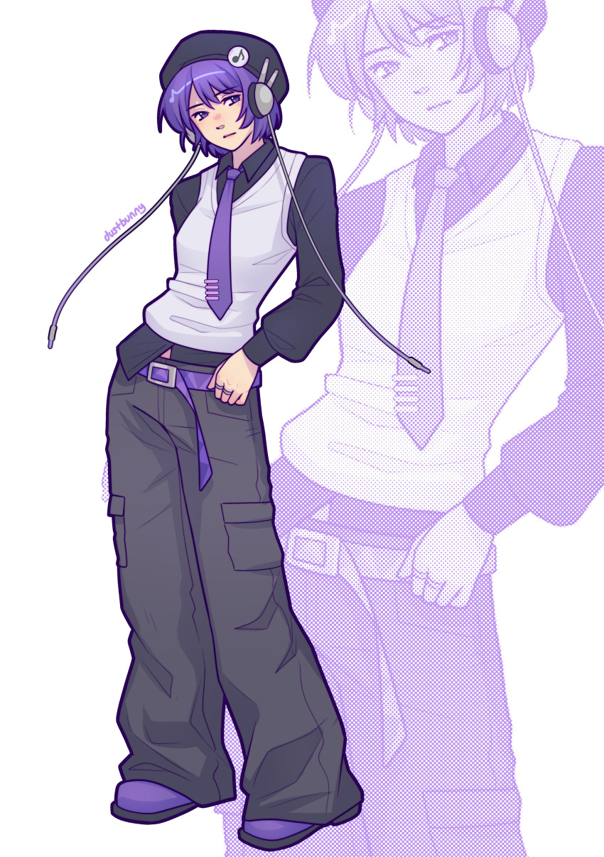 1girl, absurdres, audio_jack, baggy_pants, belt, beretta_92, black_hat, black_pants, black_shirt, closed_mouth, commentary, dustbunny_art, full_body, grey_vest, gun, handgun, hat, headphones, highres, jewelry, long_sleeves, necktie, pants, puffy_long_sleeves, puffy_sleeves, purple_belt, purple_hair, purple_necktie, purple_shoes, ring, shirt, shoes, short_hair, solo, tie_clip, untranslatable_commentary, utane_uta, utau, vest, violet_eyes, weapon, white_background, zoom_layer