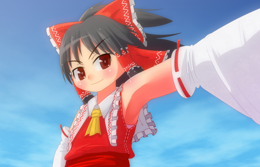 armpits, black_hair, detached_sleeves, haiiroguma, hair_ribbon, hair_tubes, hakurei_reimu, red_eyes