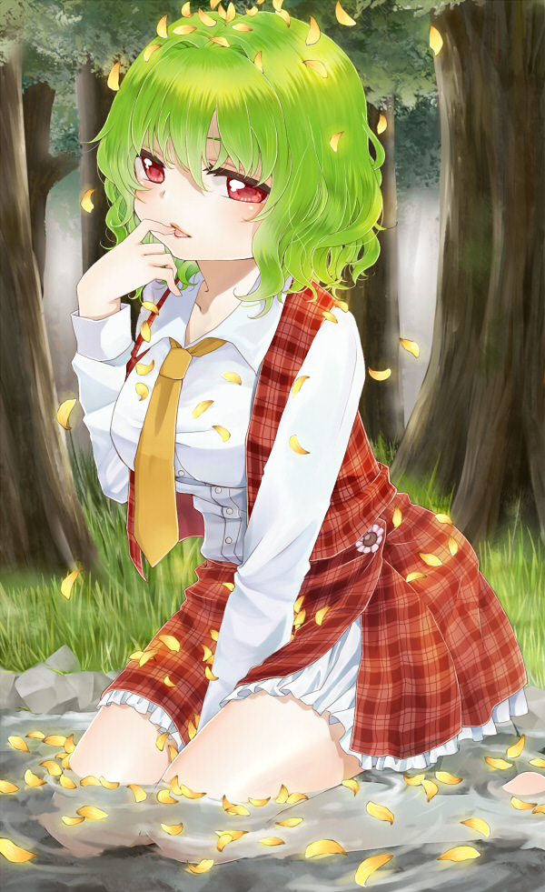 barefoot, blush, breasts, chikamichi_(nicovideo15654758), chikamichi_(ssssgirl), finger_to_mouth, forest, green_hair