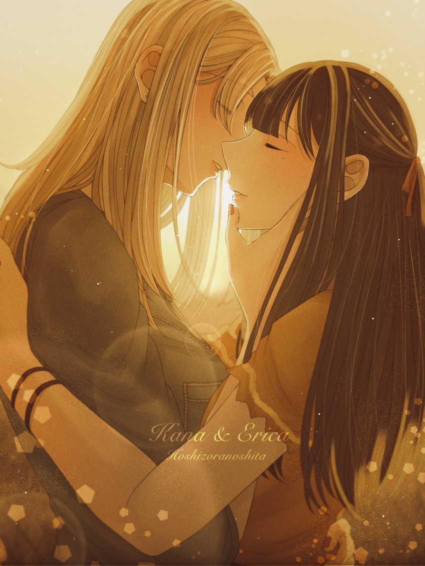 2girls, black_hair, blonde_hair, character_name, closed_eyes, commentary_request, couple, denim