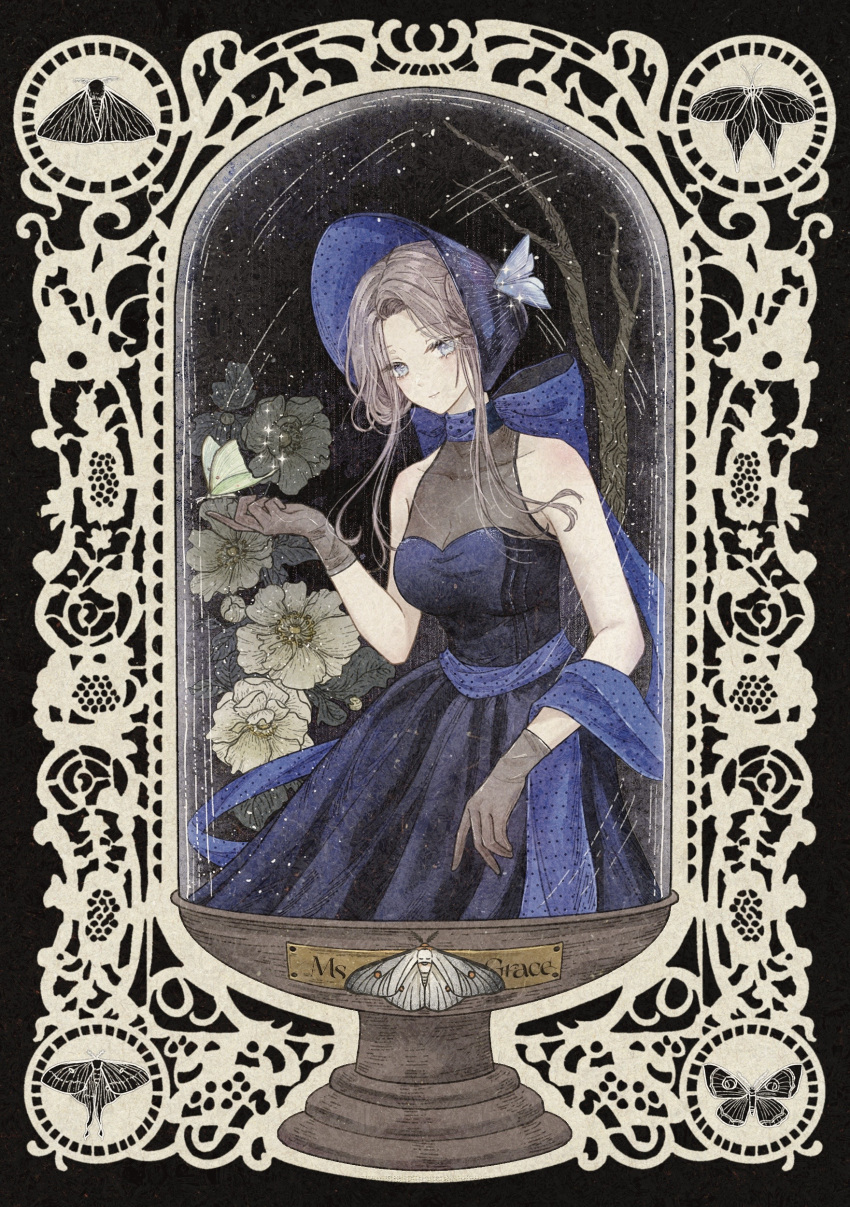 1girl, absurdres, bare_shoulders, bare_tree, black_background, black_bonnet, black_dress, blue_bow