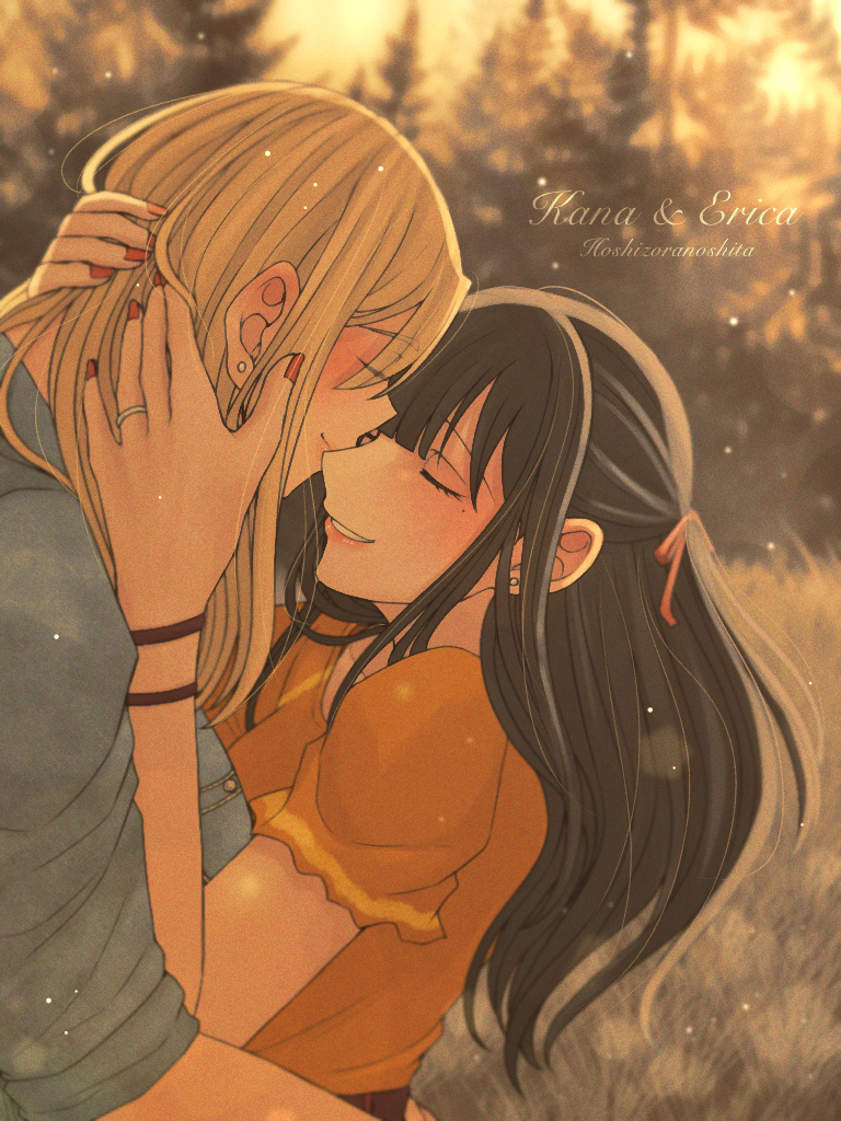 2girls, black_hair, blonde_hair, blue_jacket, blurry, blurry_background, character_name, closed_eyes