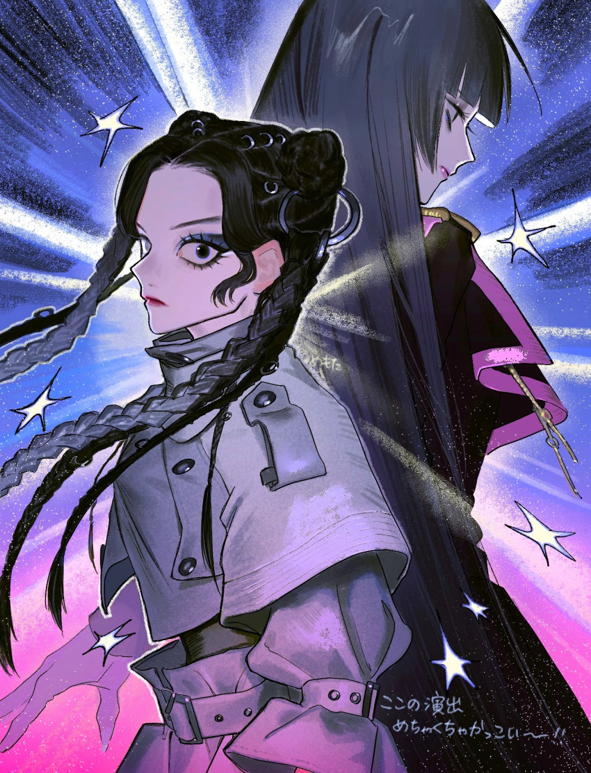 2girls, amatsumi_itsuka, belt, belt_buckle, black_hair, blue_eyes, blue_hair, buckle