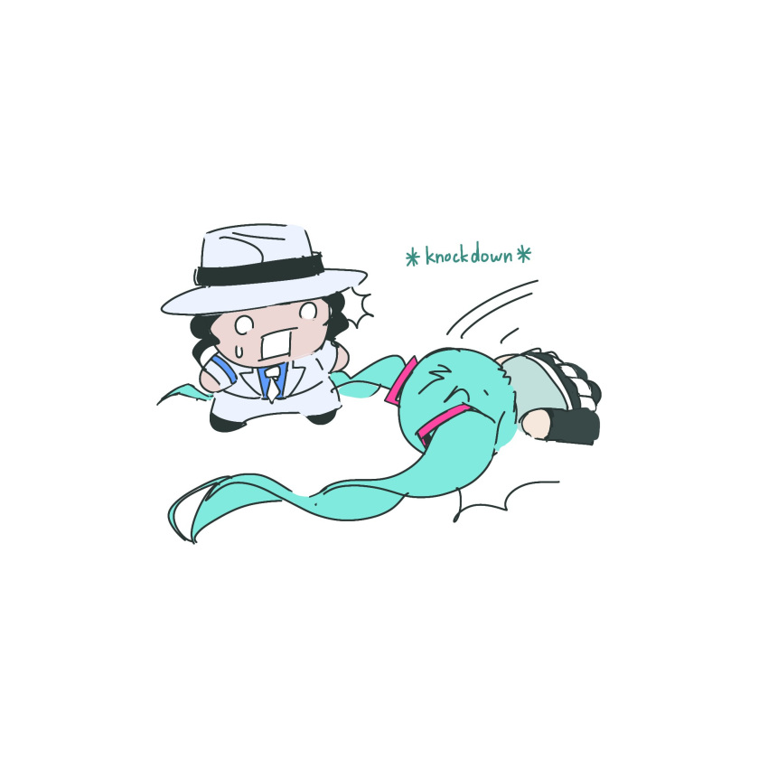 1boy, 1girl, applehe93929811, aqua_hair, black_hair, blue_shirt, chibi, commentary, faceplant, falling, hair_ornament, hat, hatsune_miku, highres, michael_jackson, real_life, shirt, simple_background, skirt, suit, twintails, vocaloid, white_background, white_hat, white_suit