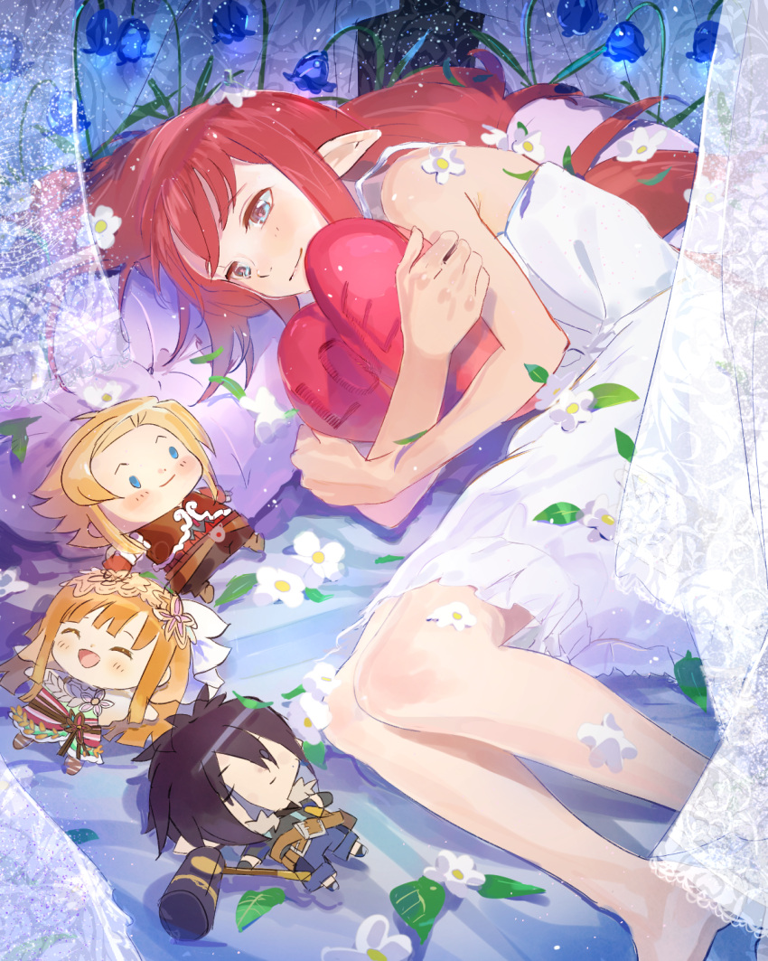 1girl, bed, blue_eyes, chibi, dress, flower, gadzhi_(rune_factory), heart