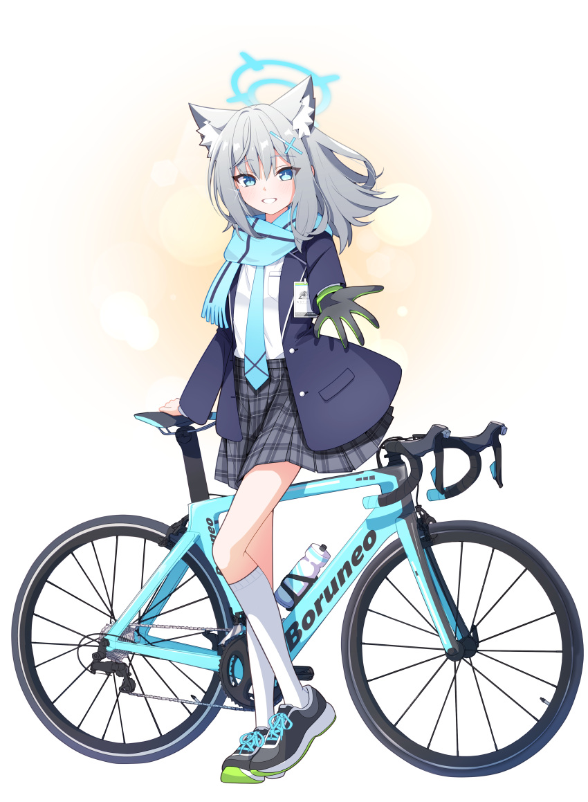 absurdres, bicycle, extending_hand, grey_hair, hair_ornament, highres, murasame_(sword_of_nmkr), nekomimi, pleated_skirt, scarf, school_uniform, single_glove, tagme, teal_eyes, tie