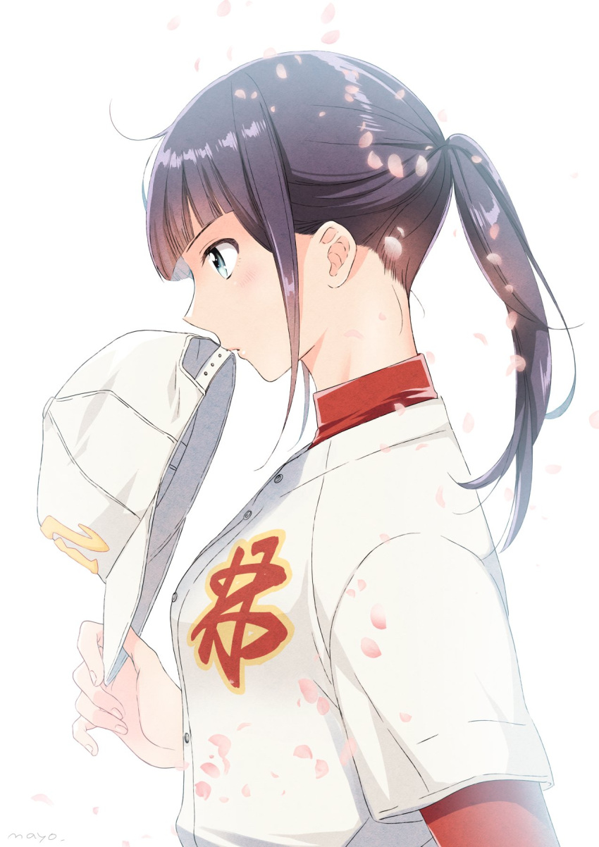 1girl, aqua_eyes, baseball_cap, baseball_uniform, black_hair, commentary_request, from_side, hat
