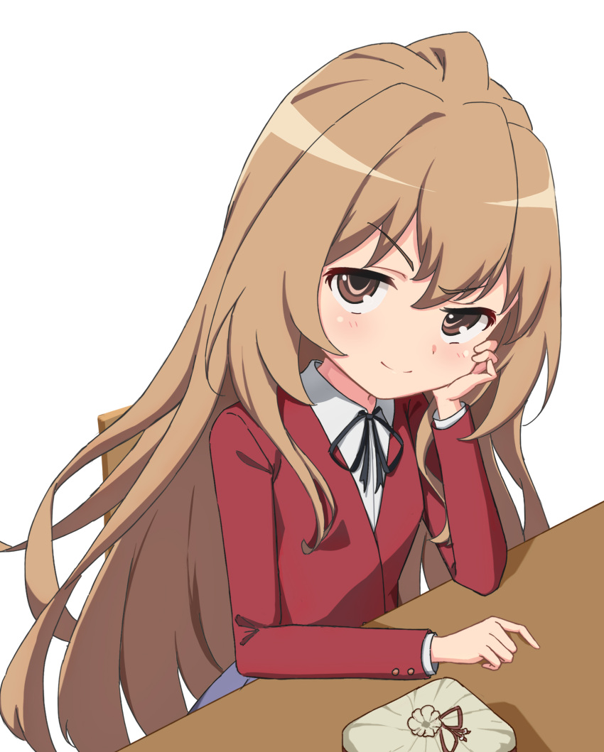 >:), 1girl, aisaka_taiga, bento, black_ribbon, blush, brown_eyes, brown_hair